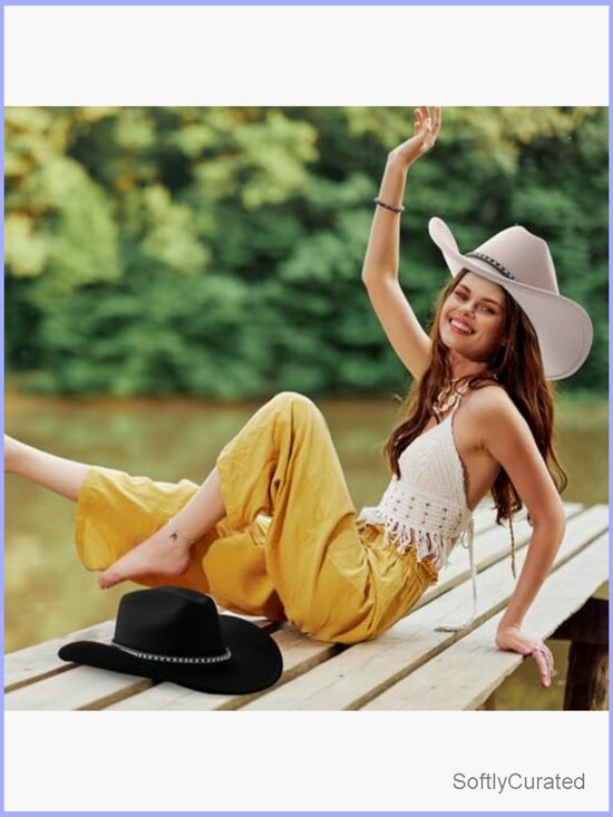 Unisex Classic Wide Brim Felt Cowboy Hats 2 Pack Curly Brim with Buckle main image 6